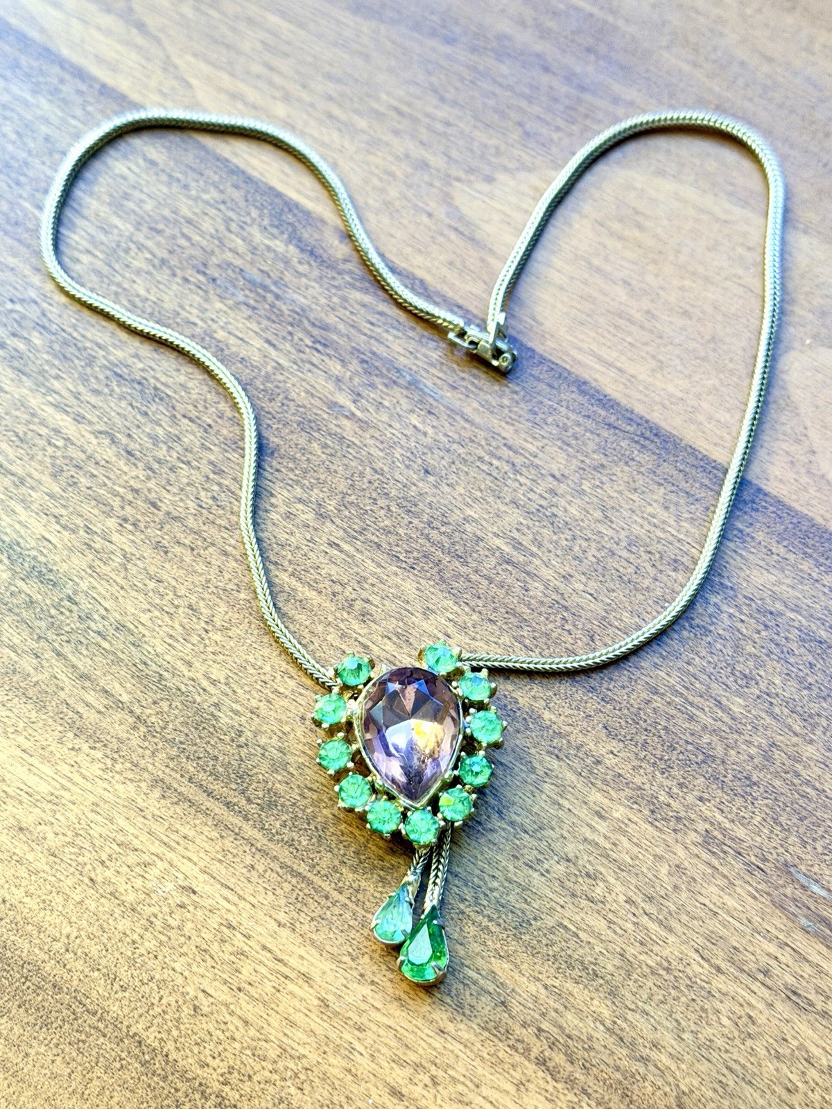 Vtg Estate MCM Purple And Neon Green Glass Stone Teardrop Pendant Bolo Necklace