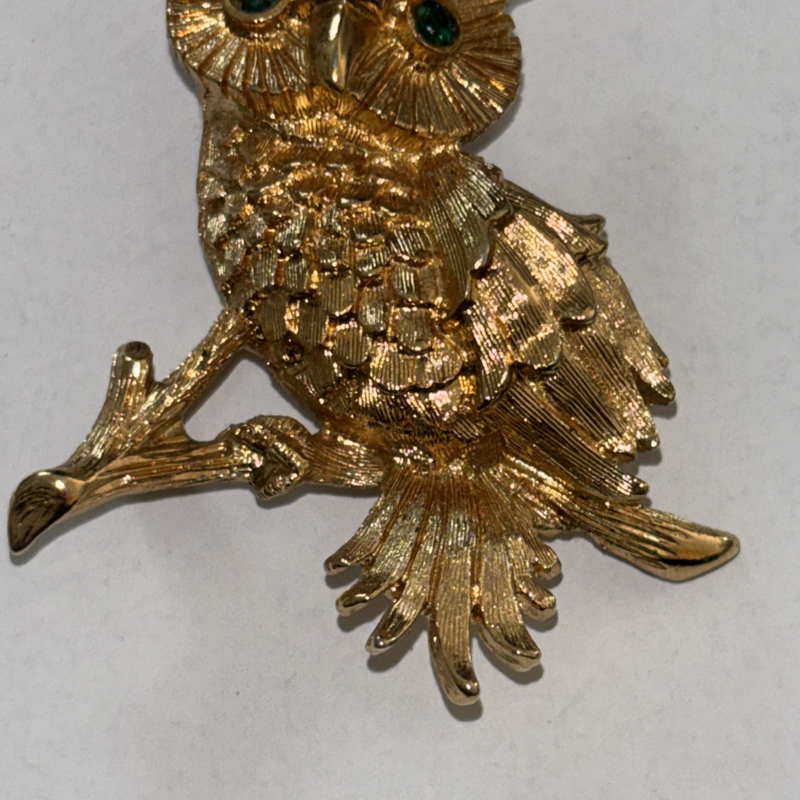 Vintage MONET Owl Brooch Pin with Green Rhinestone Eyes Gold Tone Setting