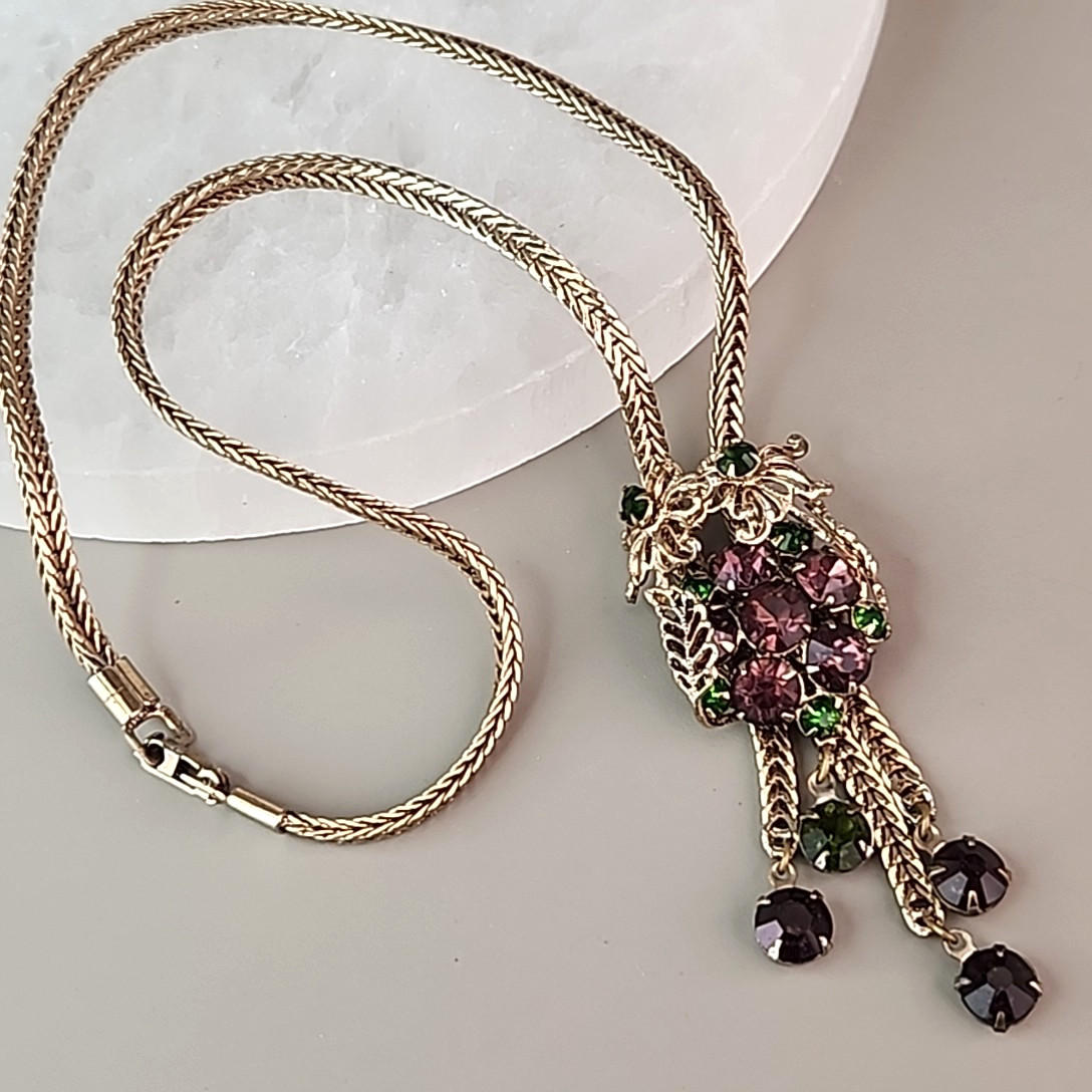 Vintage Rhinestone Necklace Purple Tassel Gold Tone Foxtail 15″