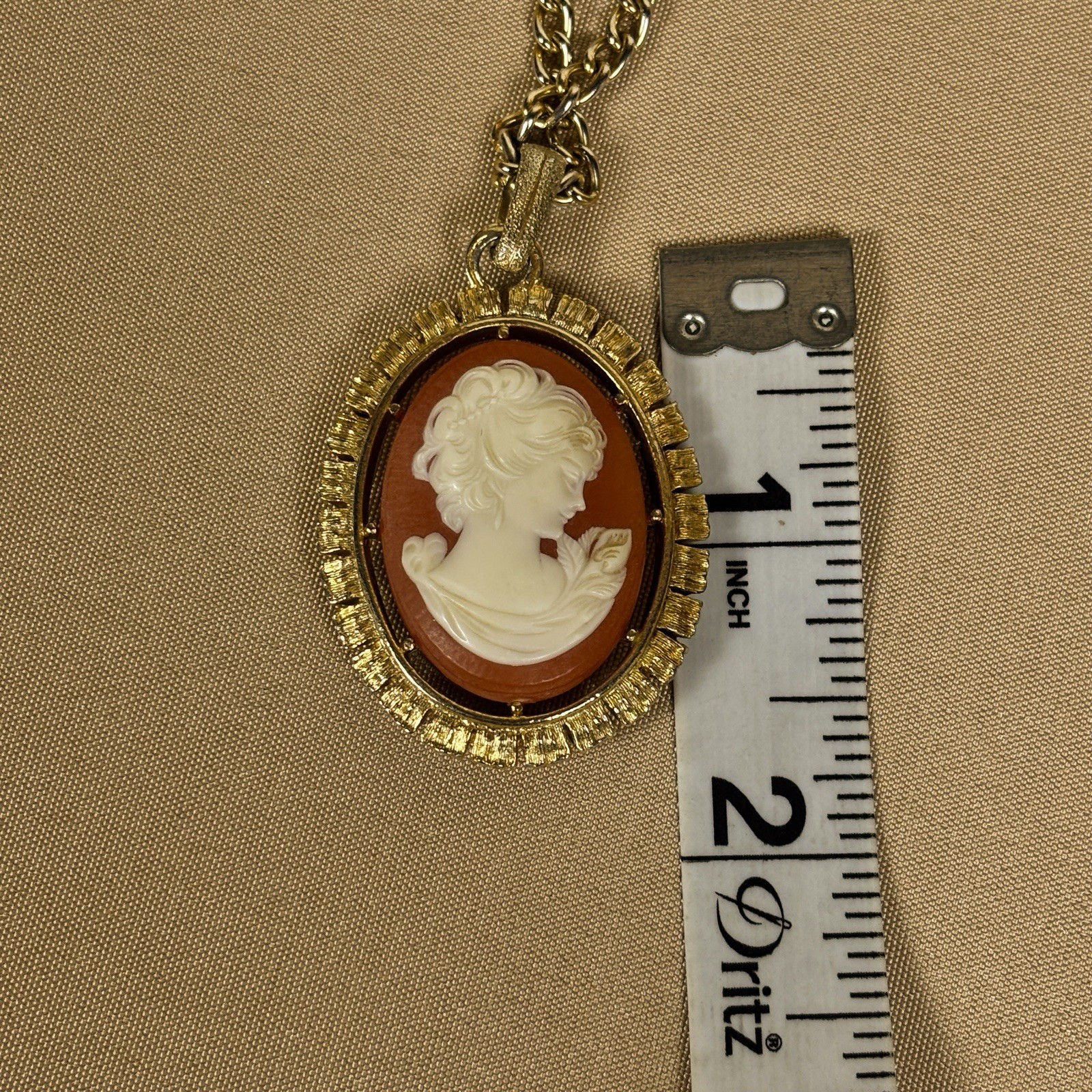 Cameo Pendant Vintage Victorian Revival Gold Tone Etched Back 25in B11