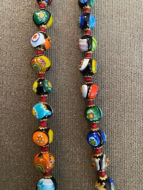 Murano Millefiori Necklace Glass Beads Barrel Clasp Hand Knotted Necklace 25 In 