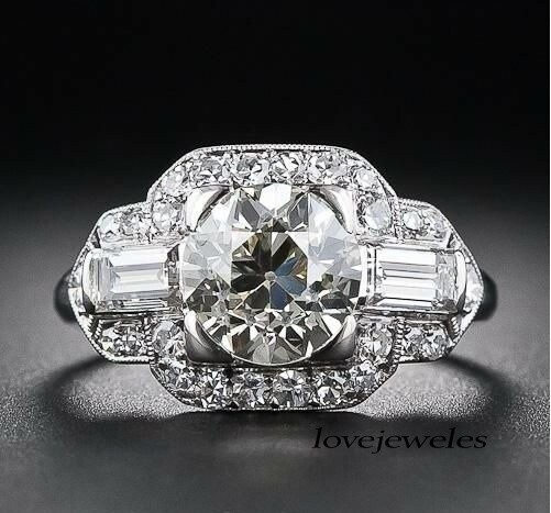 Art Deco Vintage 3CT Round Lab-Created Diamond Engagement Ring 14K White Gold FN