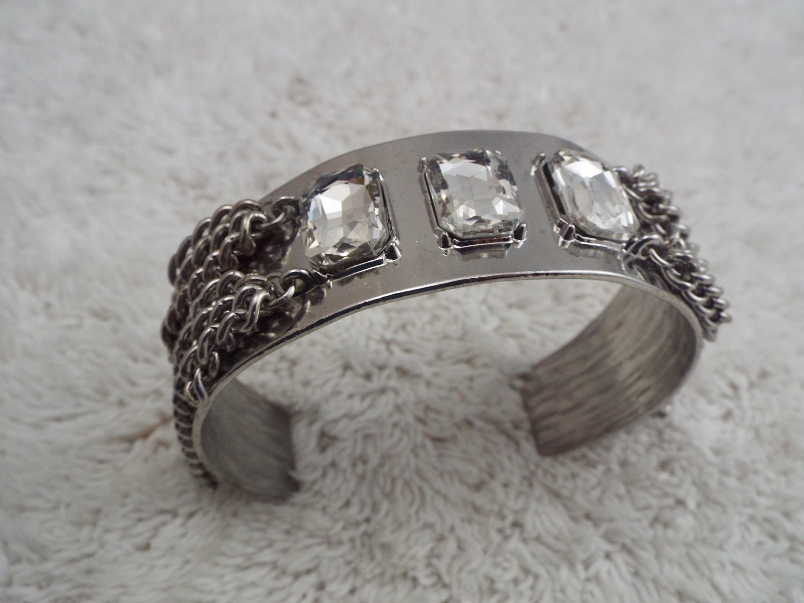 Silvertone Rhinestone Chain Cuff Bracelet (J47)