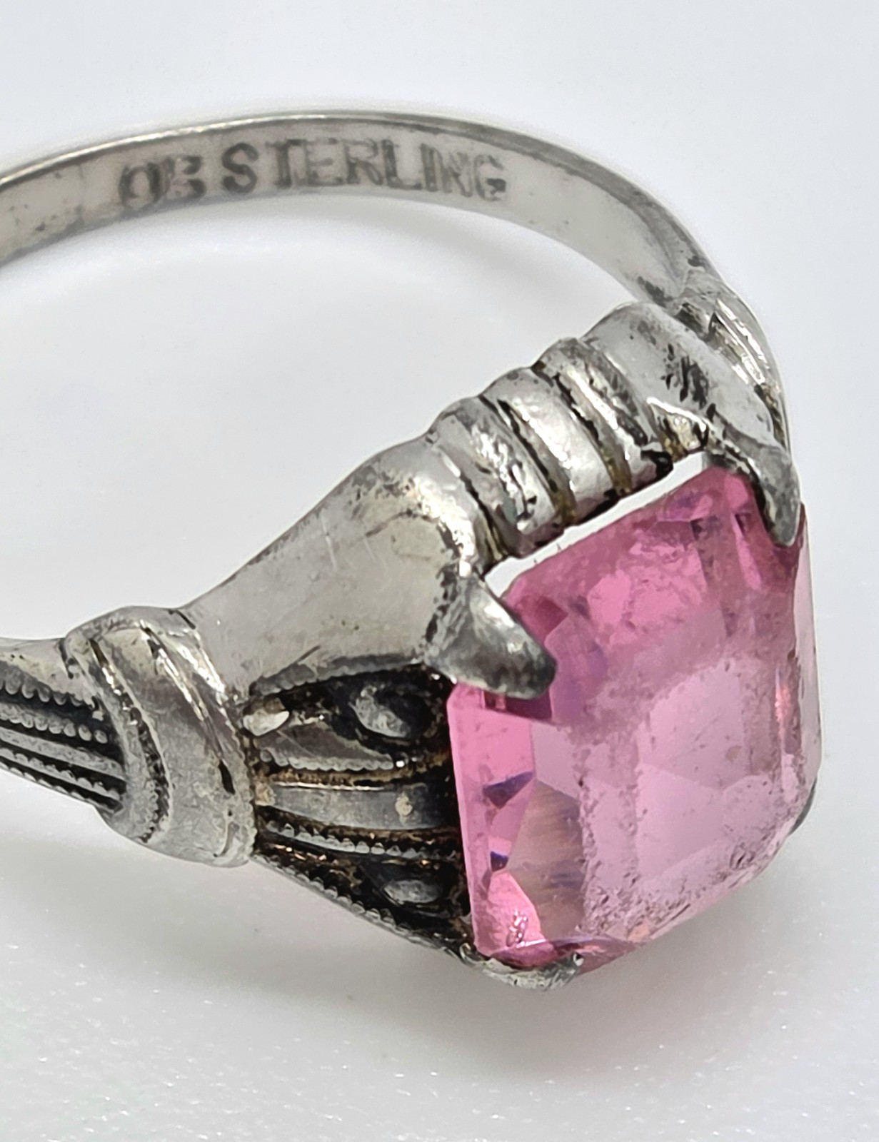 Vintage Ostby & Barton OB Art Deco Ring 925 Sterling Silver Pink Glass Size 6.75