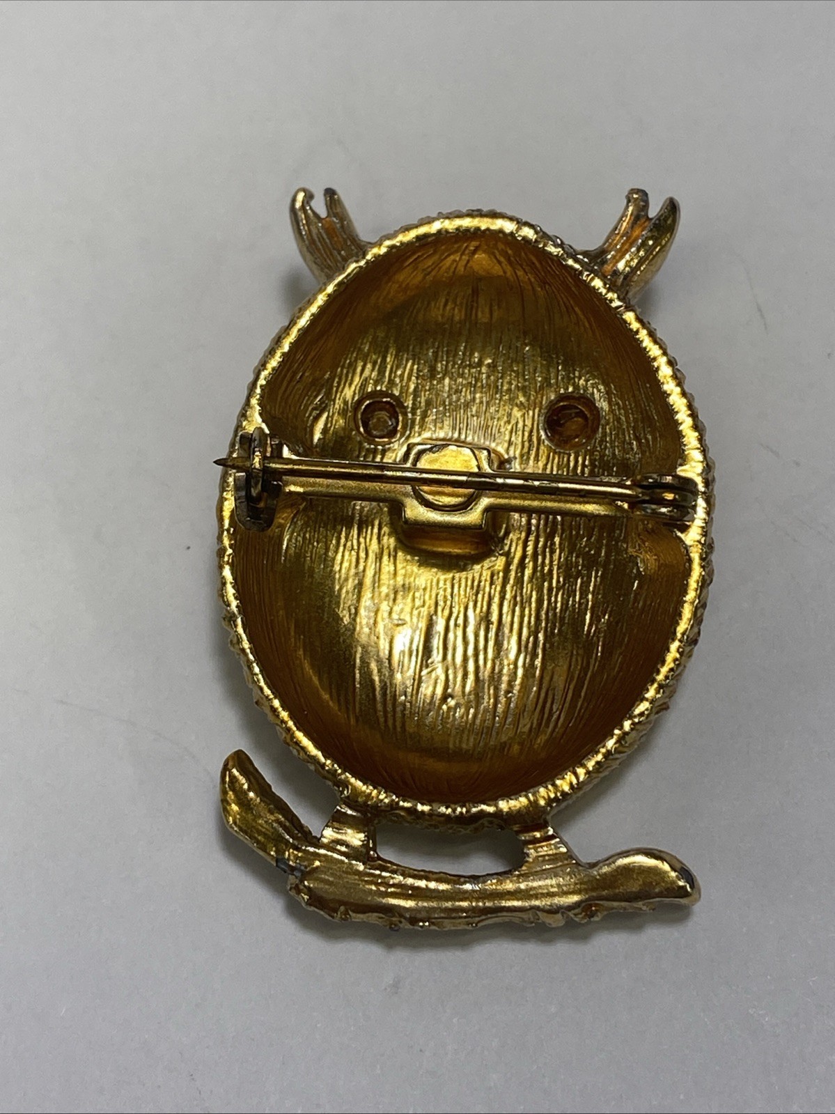 Vintage Gold-Tone Owl Brooch Pin with Green Glass Eyes Clear Rhinestone Accents