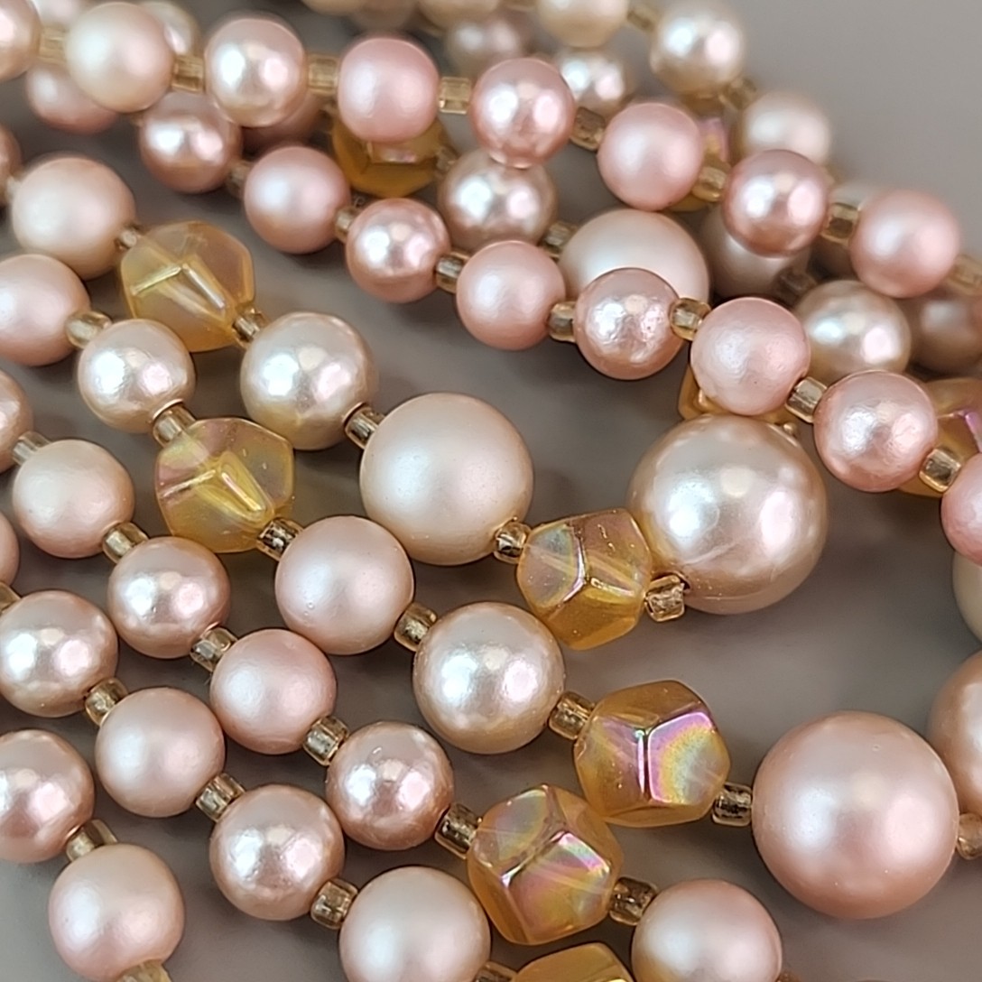 Vintage Faux Pearl Beaded Necklace Cream Pink Acrylic AB Yellow Glass Japan 16″
