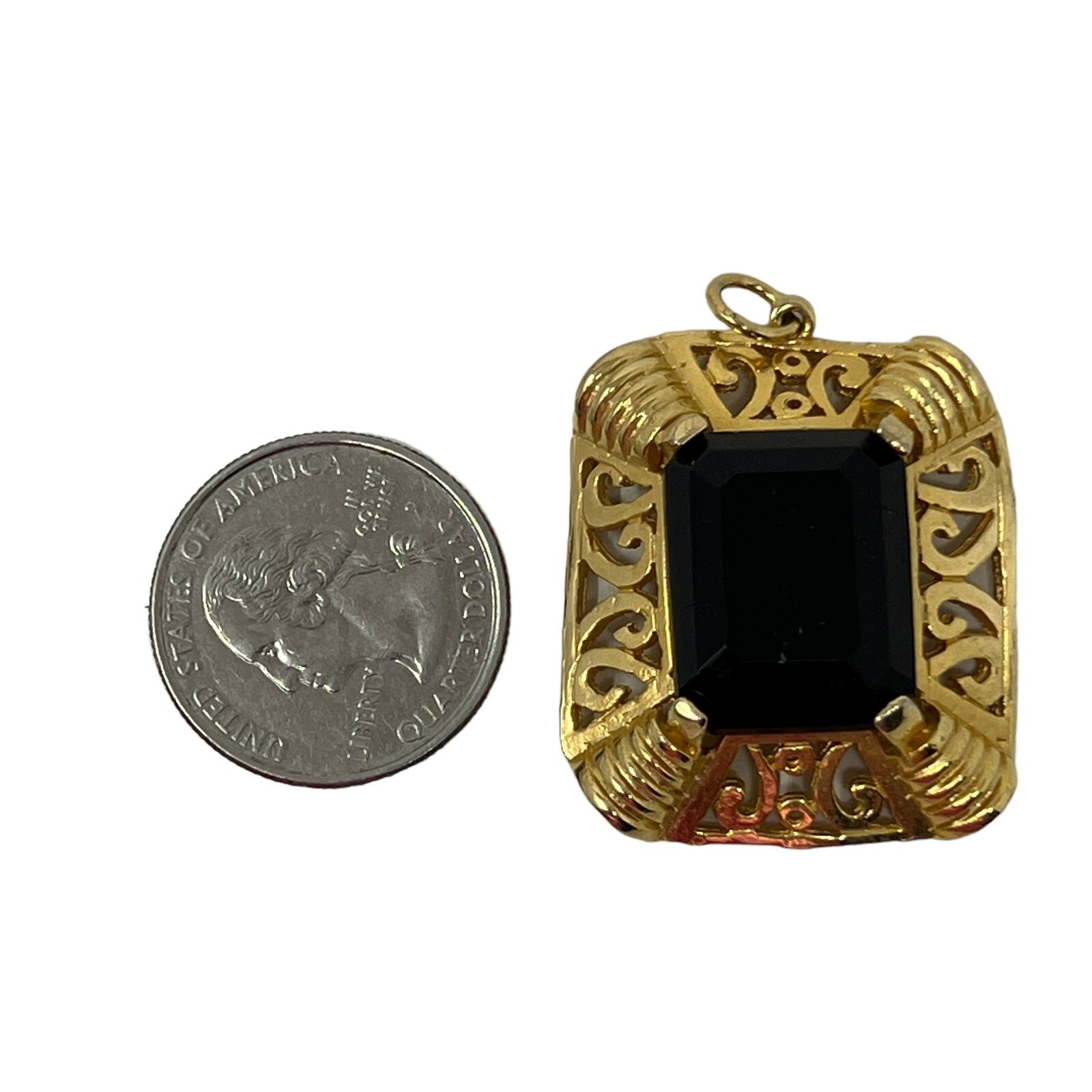 Vintage Edlee Pendant Dark Red Glass Ornate Open Scroll Gold Tone Rectangle