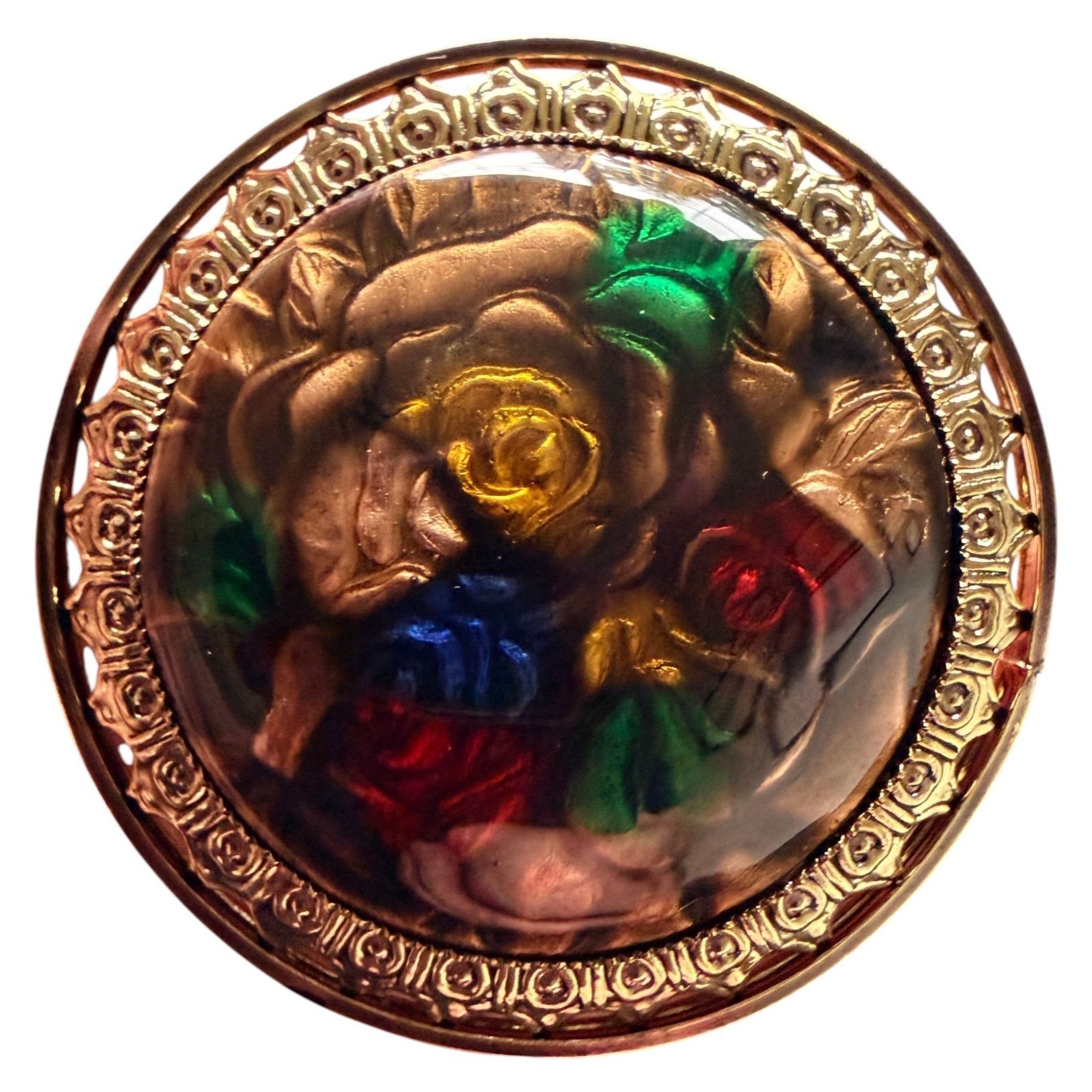 Vintage Reverse Carved Lucite Brooch Gold Tone Floral Pin 1950s New Old Stock
