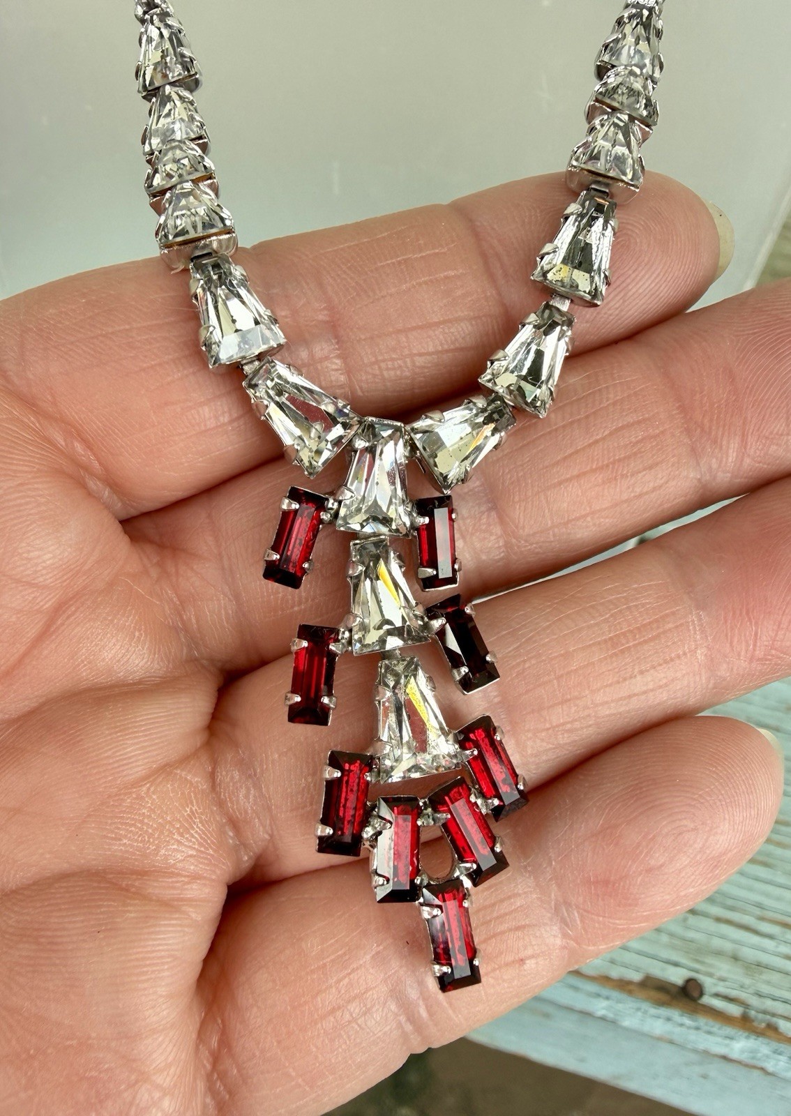 Vintage 1950’s B. David Red & Clear Rhinestone Drop Dangle Necklace & Earrings