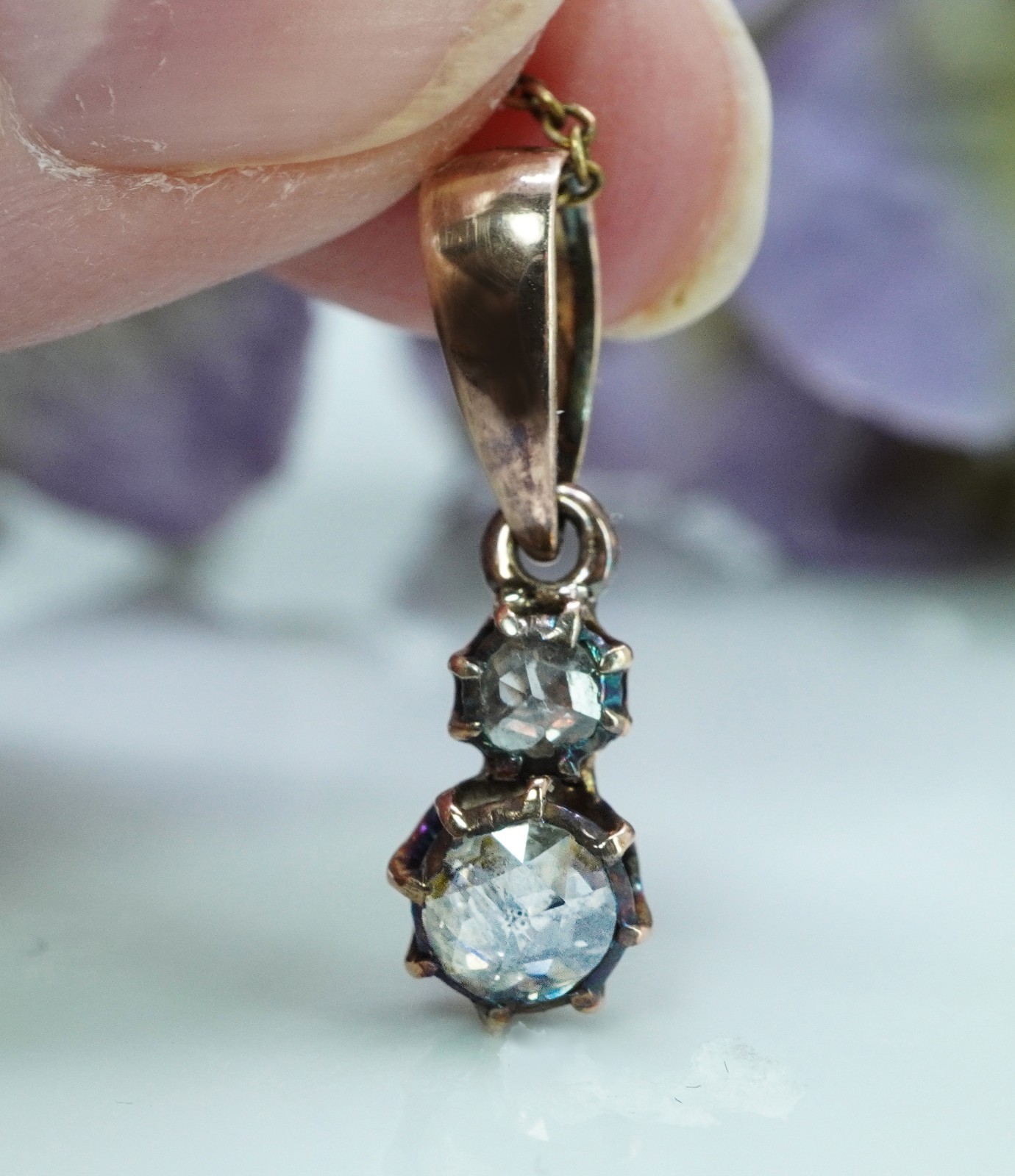 Georgian Antique Rose cut Diamond Pendant Charm 14K Gold Silver