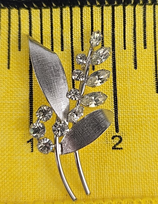 Vintage 925 Sterling Silver Clear Rhinestone Flowers Plant Brooch Pin #1