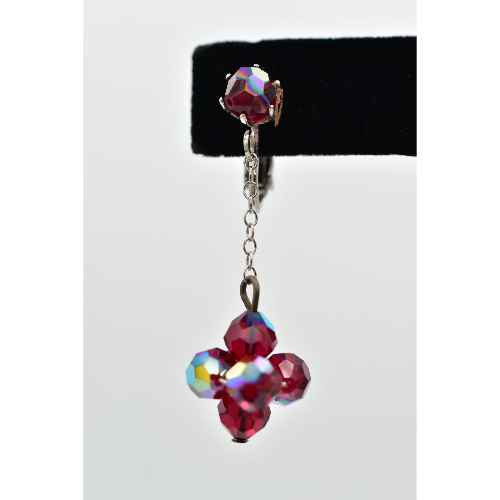 Vintage Red AB Crystal Clip On Earrings Dangle Drop Aurora Borealis 1950s A24
