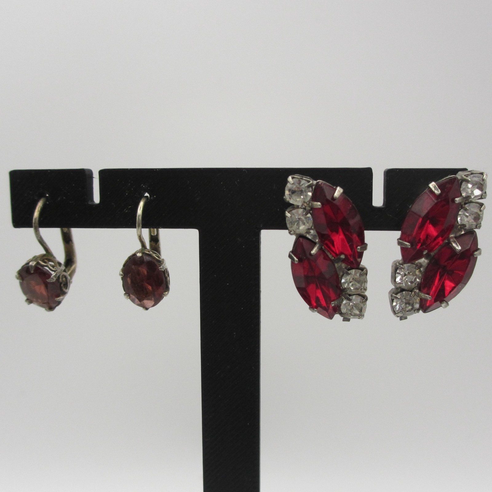 Vintage Rhinestone Earrings 2 Pair Purple Red Clear For Pierced Ears