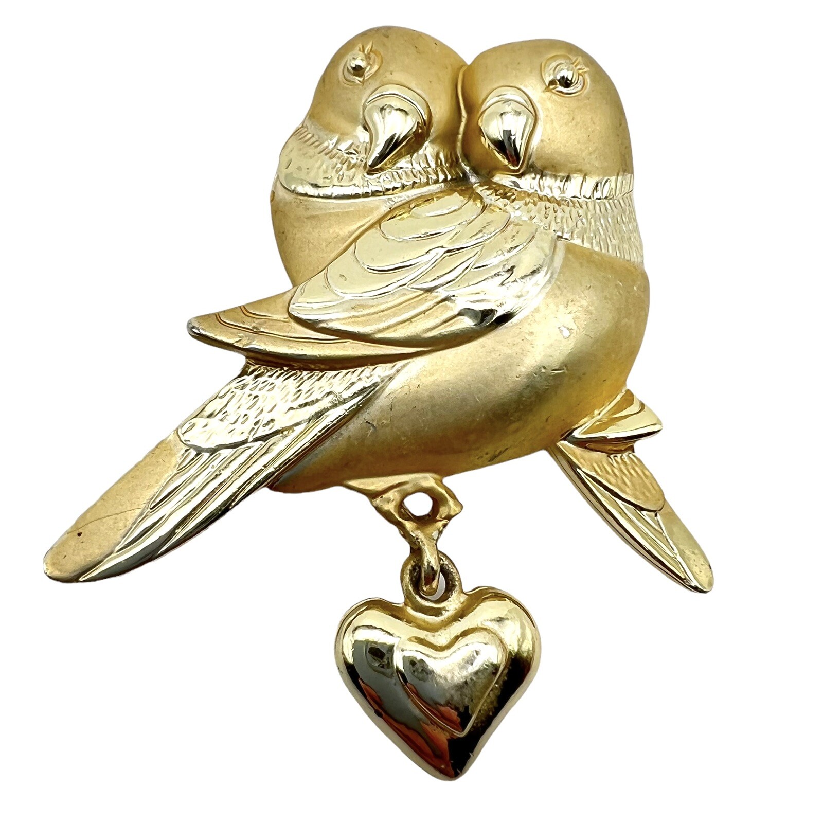 Vintage A.J. Gold Tone LOVE BIRDS with Dangle Heart Brooch Pin