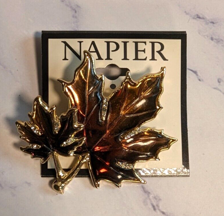 Napier Golden Brown Color And Enamel Maple Leaf Brooch Pin 2.25″ New