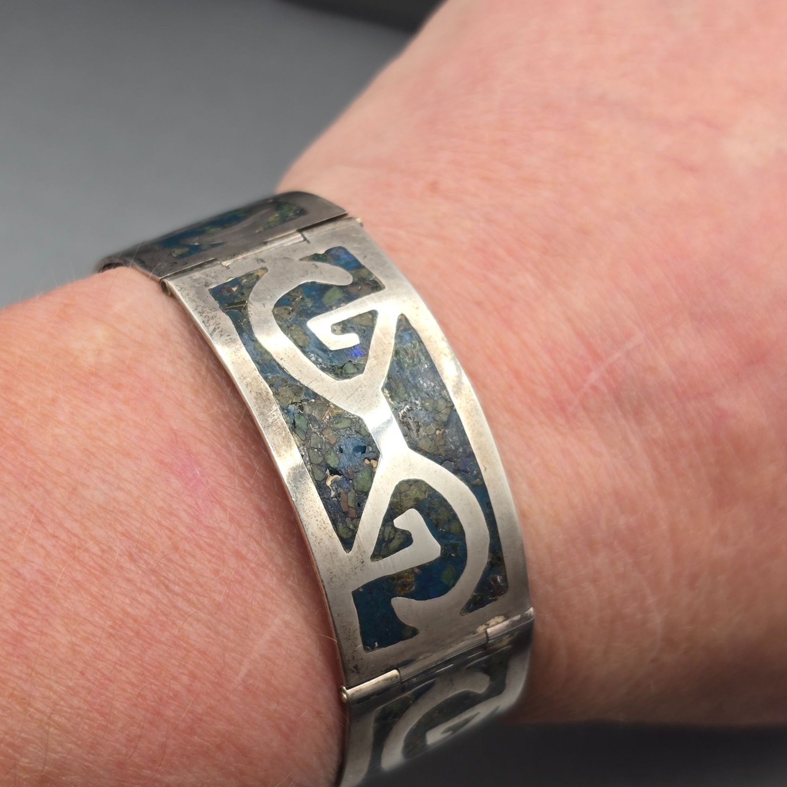 Vintage Taxco Sterling Silver Turquoise Inlay Bracelet 7″ Eagle 3 Signed AMD 30g