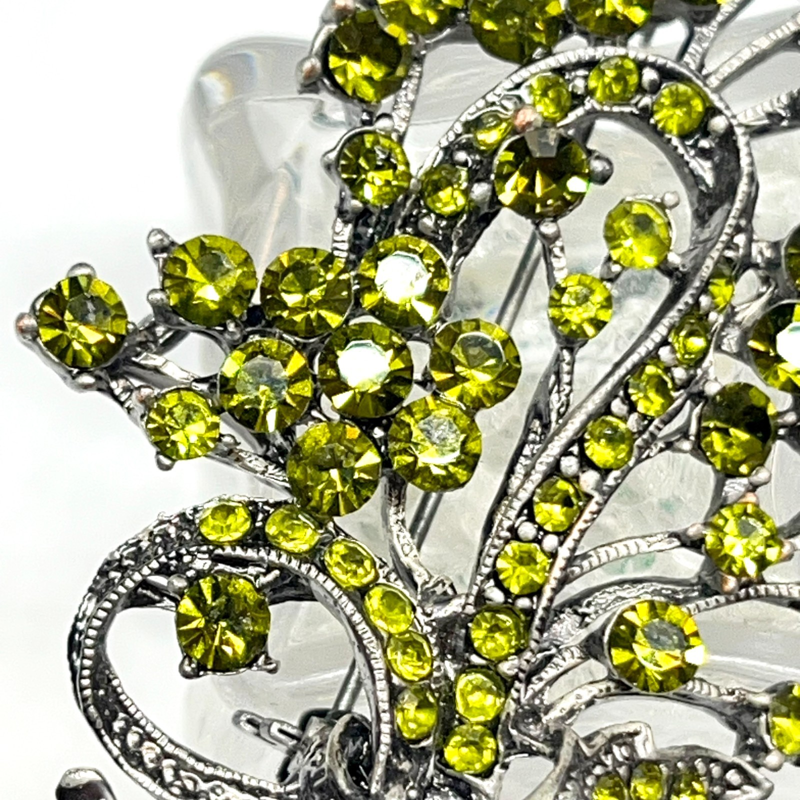 VTG Floral Spray Bow Pin Brooch Sparkling AB Peridot Green Crystal Rhinestones