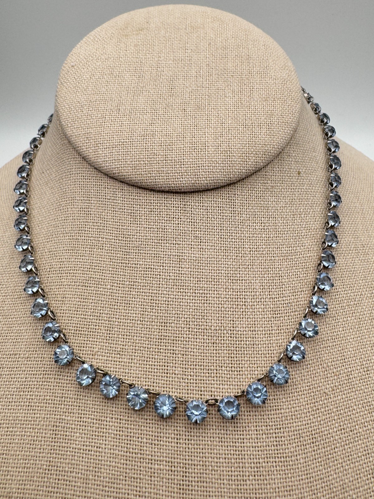 Vtg Sterling Silver Necklace Light Blue Glass Paste Riviere Open Bezel Collet