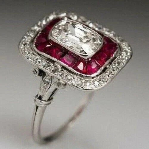 Art Deco Style Lab Created Diamond & Ruby Engagement 14K White Gold Finish Ring