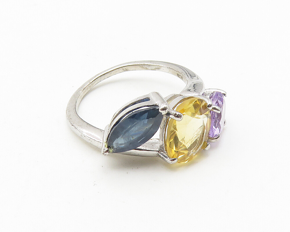 925 Sterling Silver Amethyst Citrine & Sapphire Shiny Band Ring Sz 7 RG10549