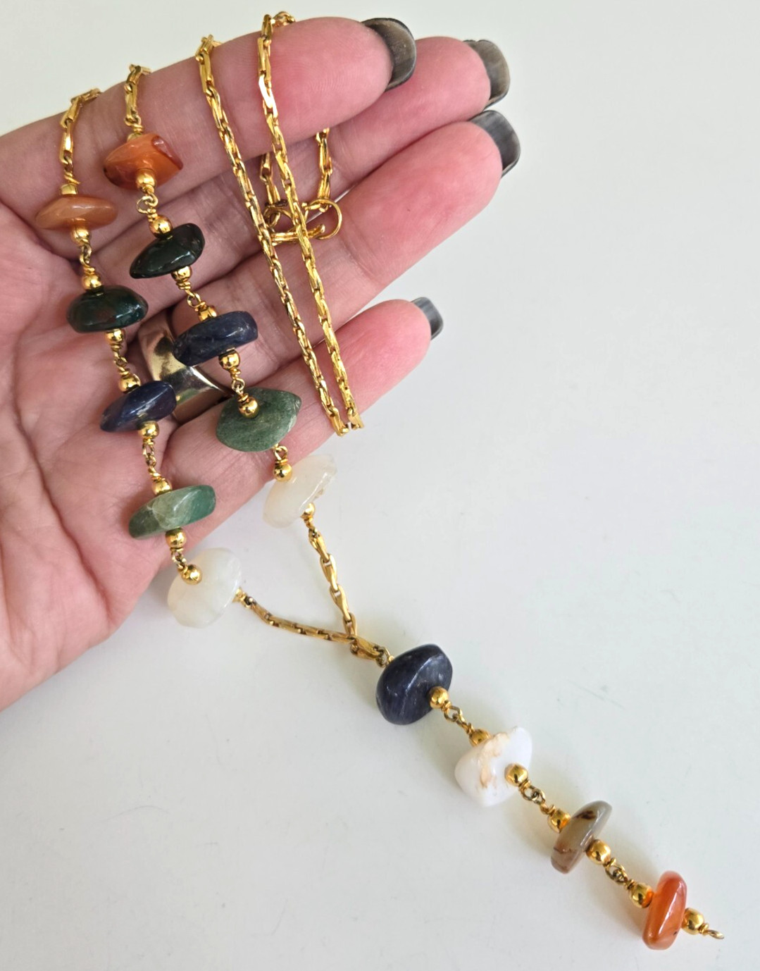Vintage Agate Nugget Bead Gold Tone Elongated Chain Y Drop Necklace 24.75″