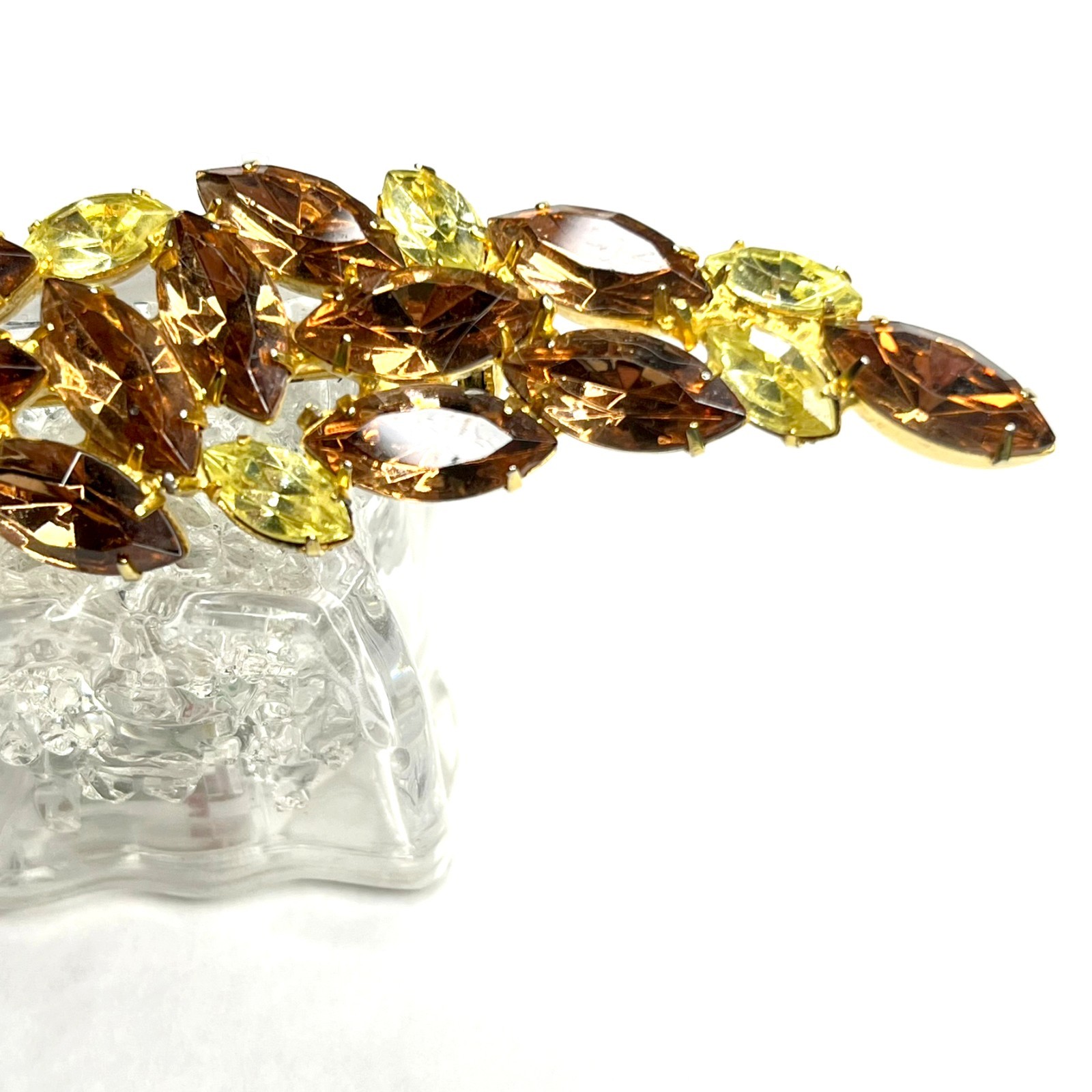 Large VTG Juliana? Leaf Flame Swoosh Brown Yellow Navette Rhinestone Pin Brooch
