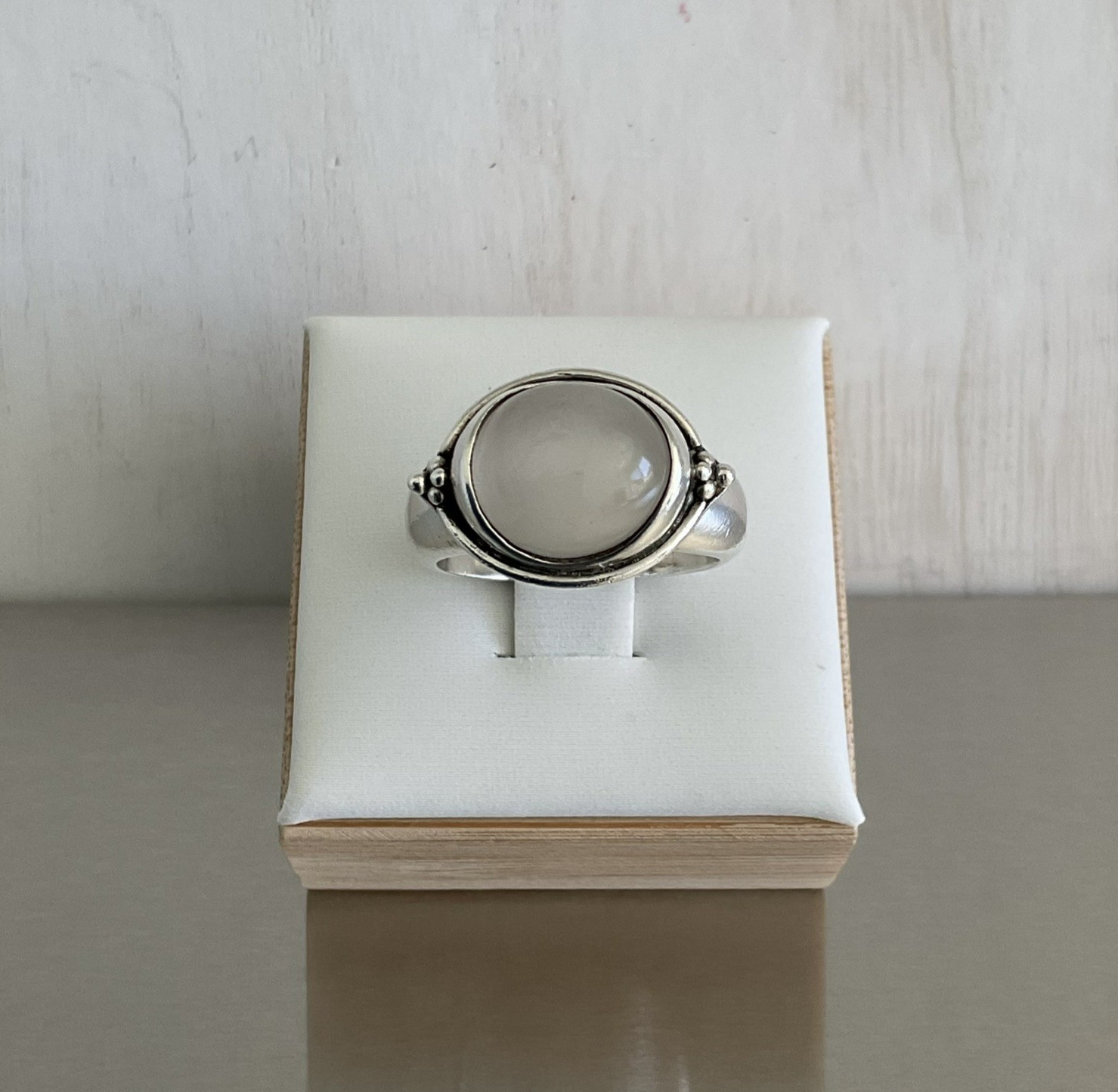 Vintage BASK Gray Moonstone Solitaire Ring Heavy 8 Grams Solid 925 Silver Size 7