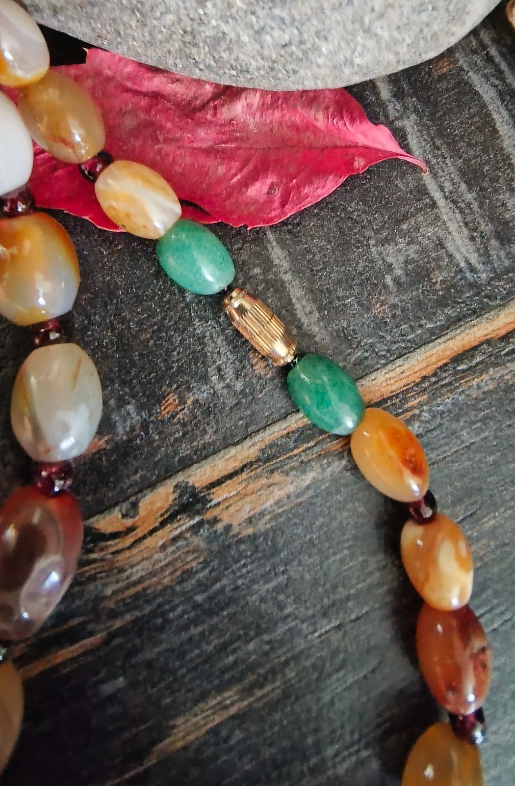 Vintage Chinese Moss Agate gemstone necklace, graduated polished beads, rare