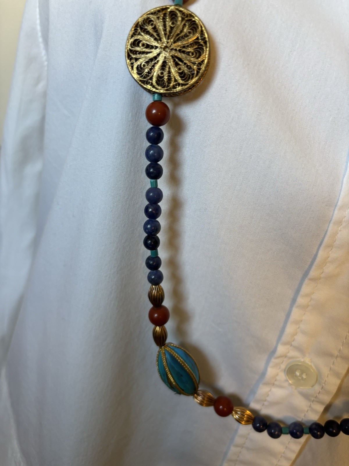 Vintage Cloisonne & Brass Necklace w/ Owl & Duck Pendant Boho Statement EUC