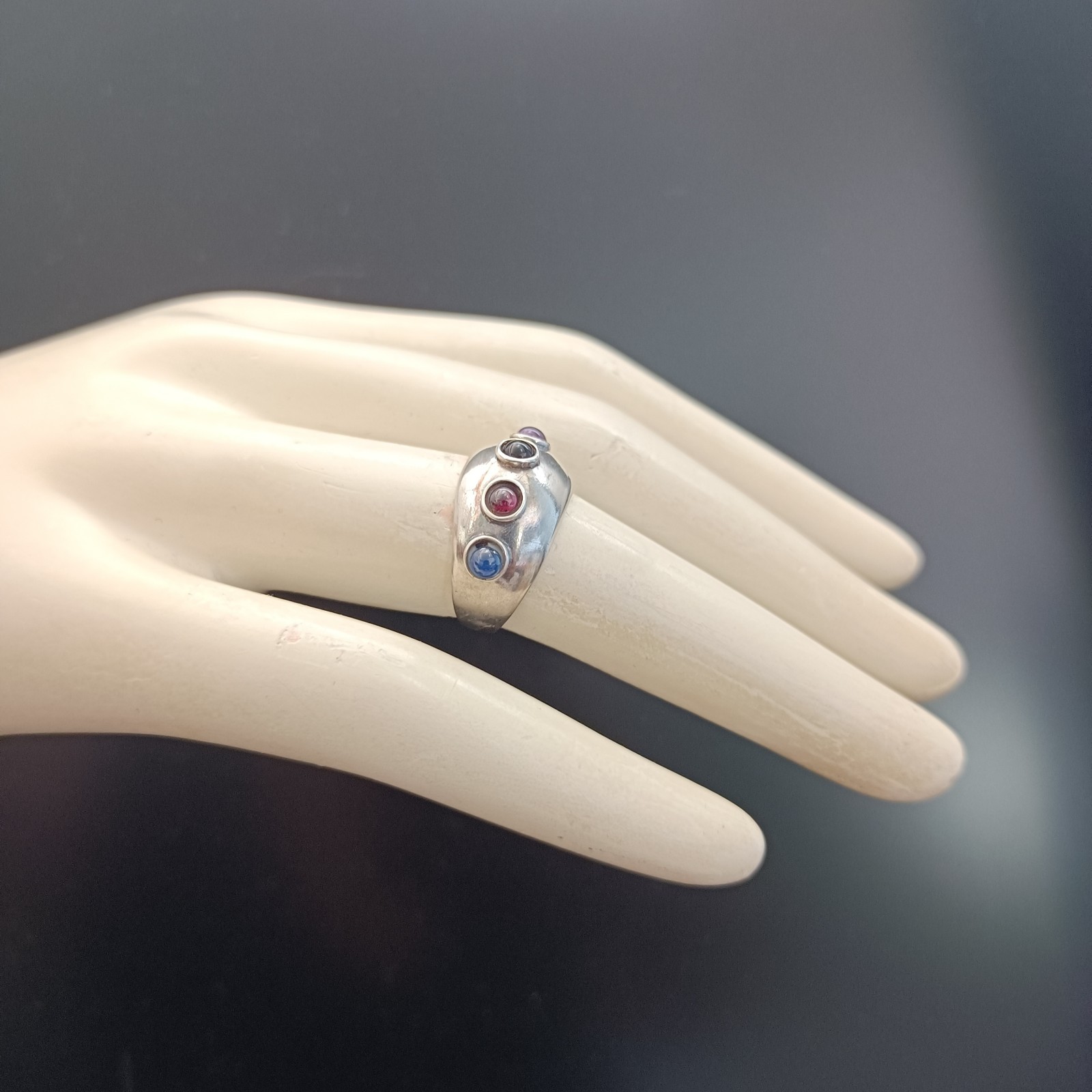 Modernist Gemstone Dome Ring Sterling Silver Cabochon Band Boho Israeli Artisan