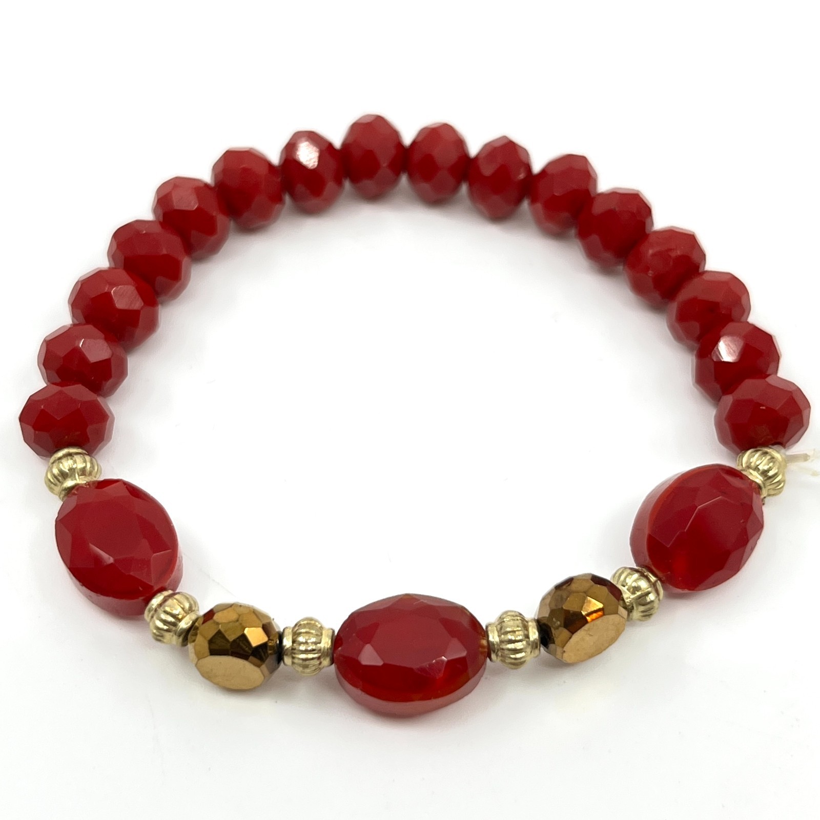 Vintage Boho Red Faceted Glass Stretch Bracelet Gold Tone Beaded Accent Retro