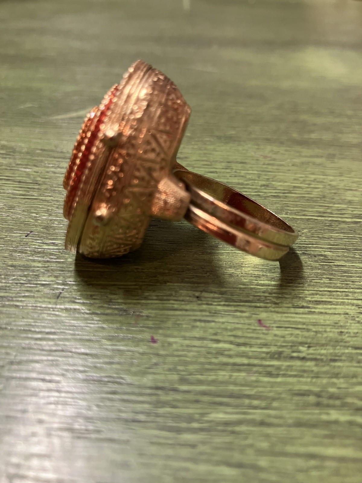 Vintage Adjustable Size Locket Ring. Red & Gold Plated-Very Unique