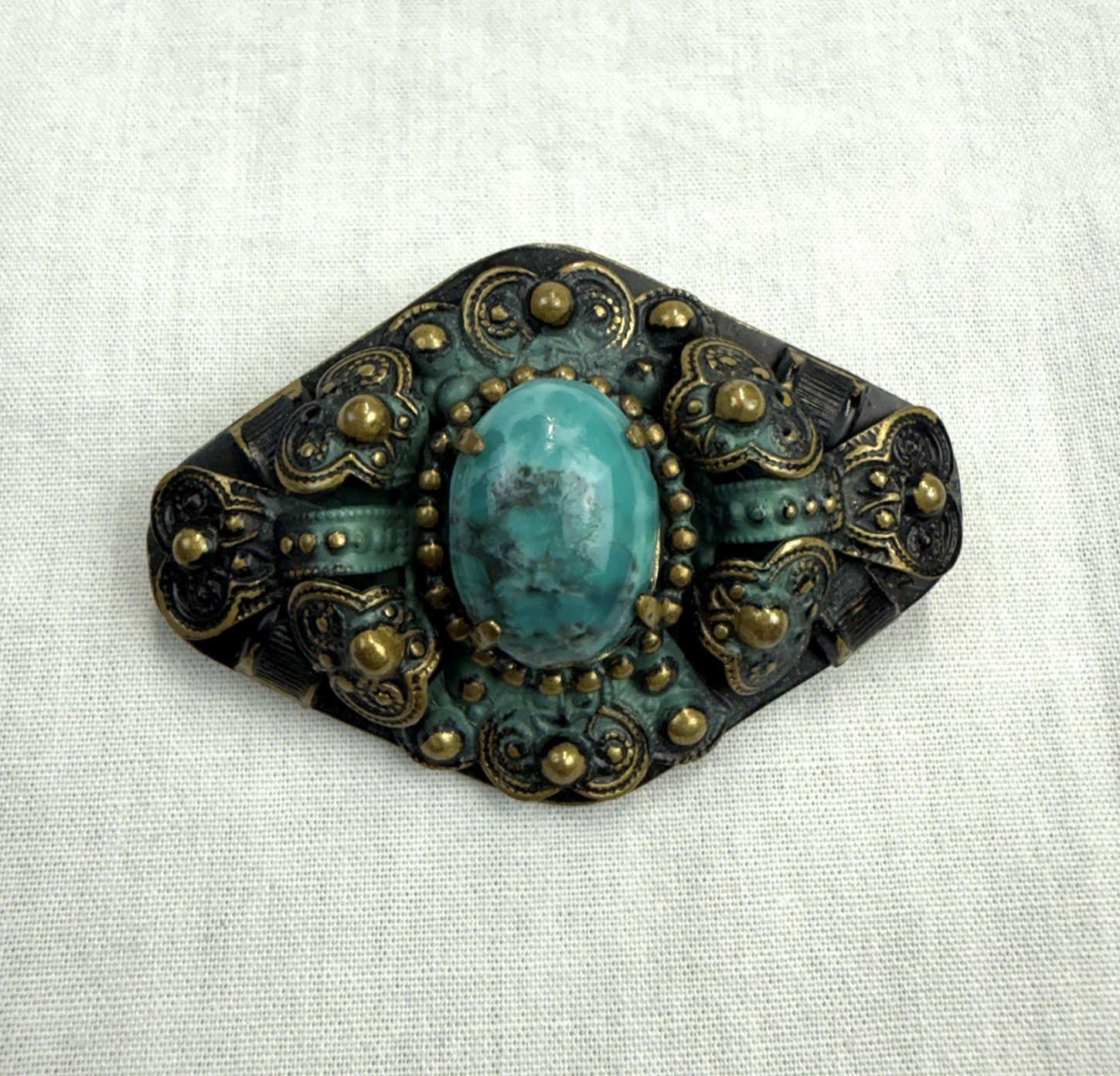 Vintage Czech Brooch Rhinestone Faux Turquoise Gold Tone Filigree Sash Pin