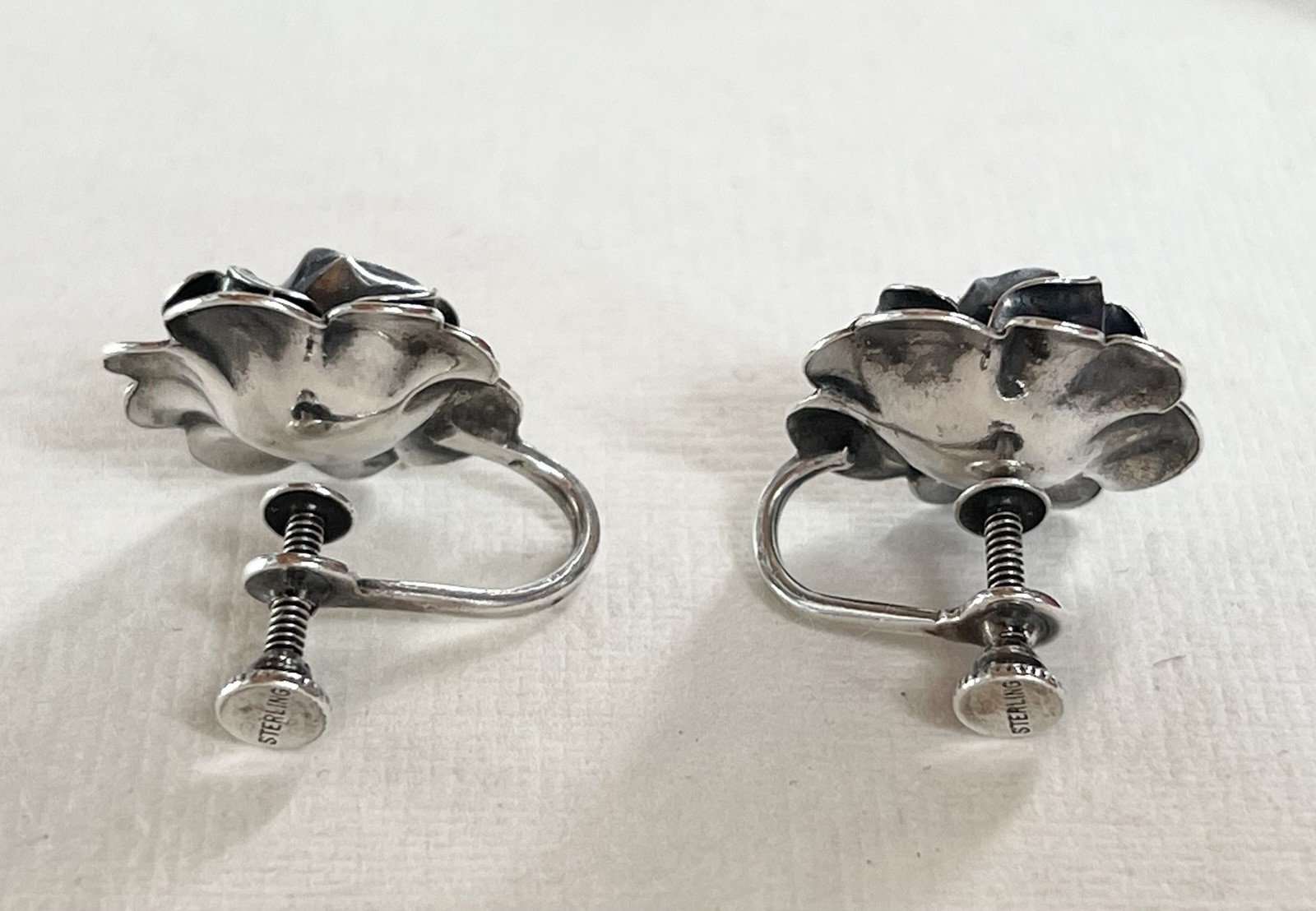 Vintage Oxidized Sterling Silver 3D Rose Flower Screw Back Stud Earrings