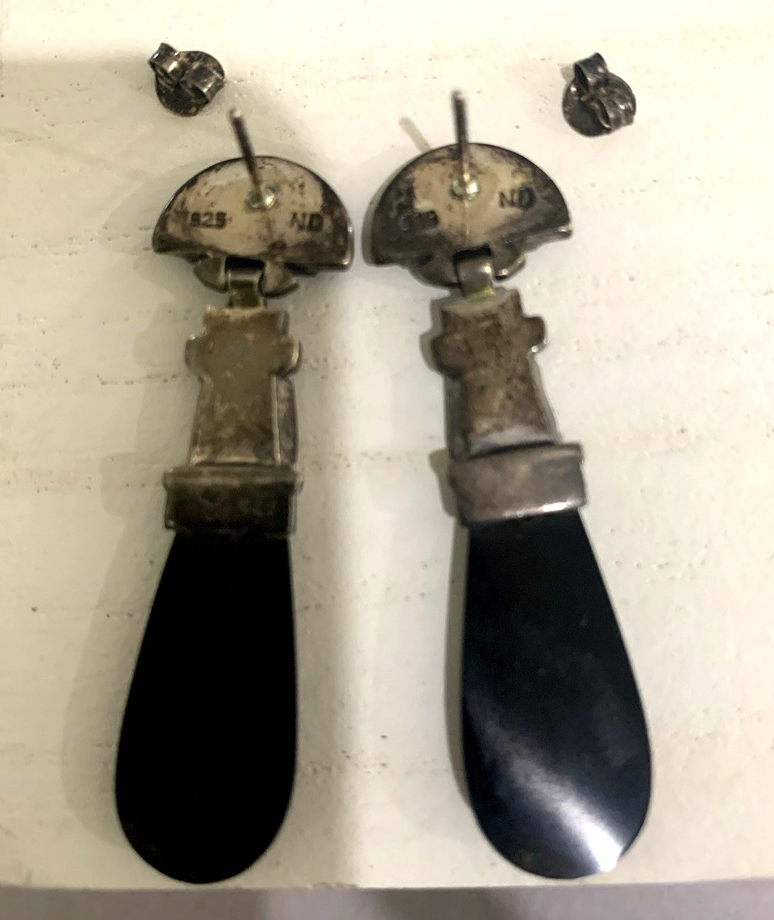 Vintage Signed 925 ND Sterling Black Onyx & Marcasite PE Dangle Earrings