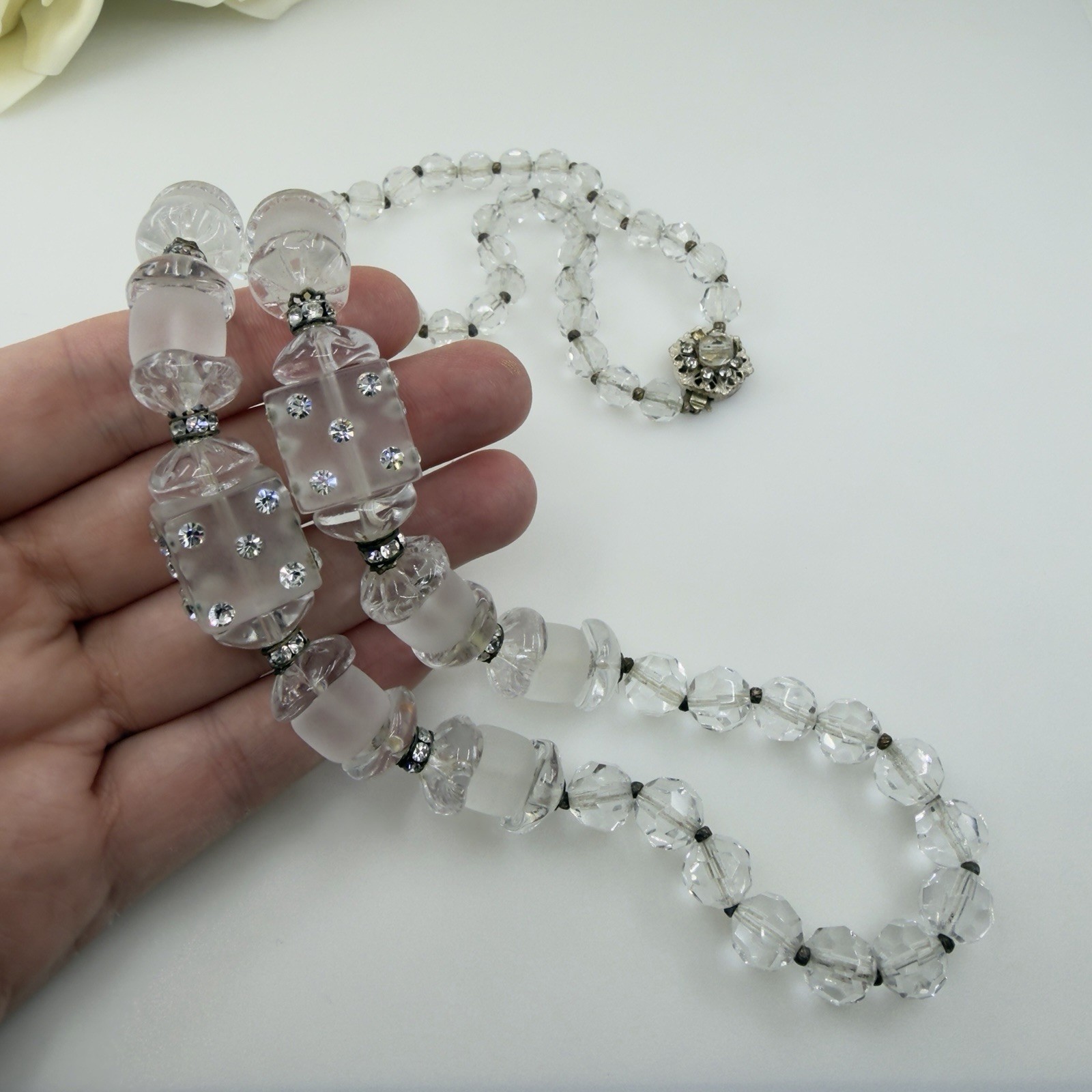 SIGNED Art Deco ▪️ MIRIAM HASKELL Lucite Glass Rhinestone CRYSTAL Clear Necklace