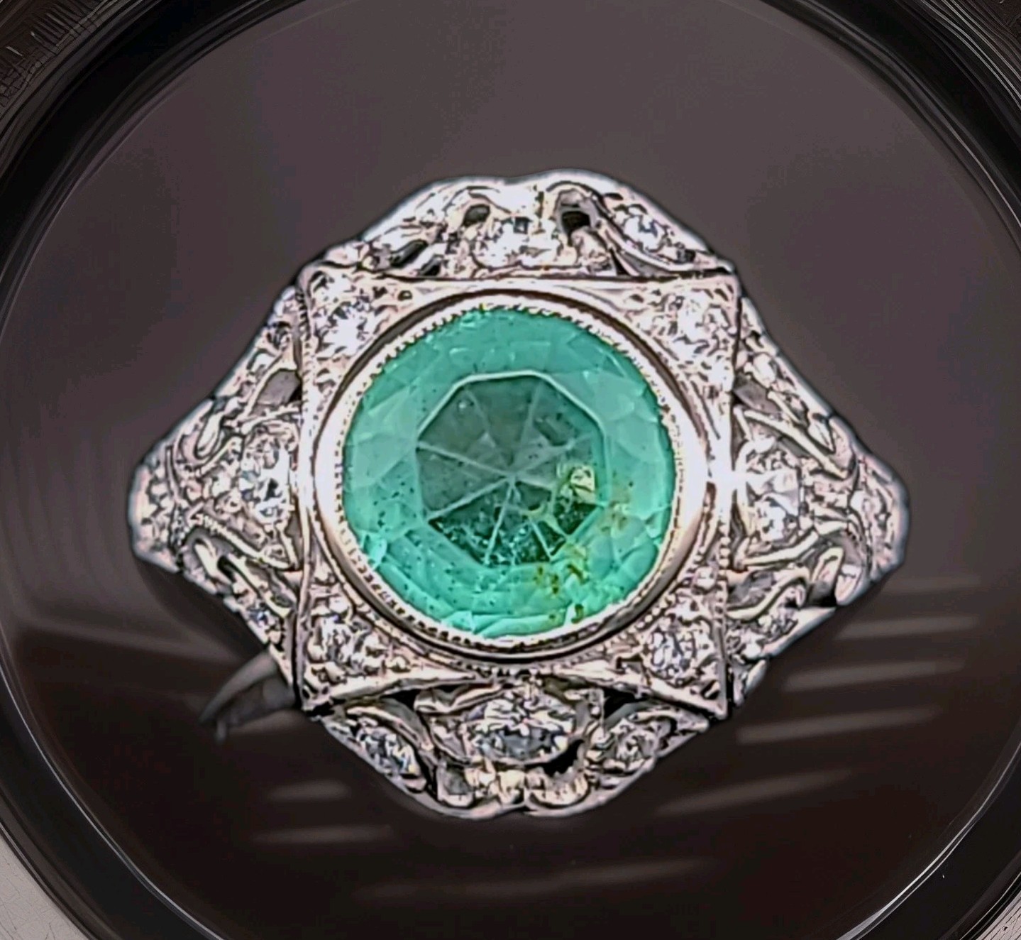 Vintage 14k White Gold Engagement Ring 1.35CT. Natural Round Colombian Emerald