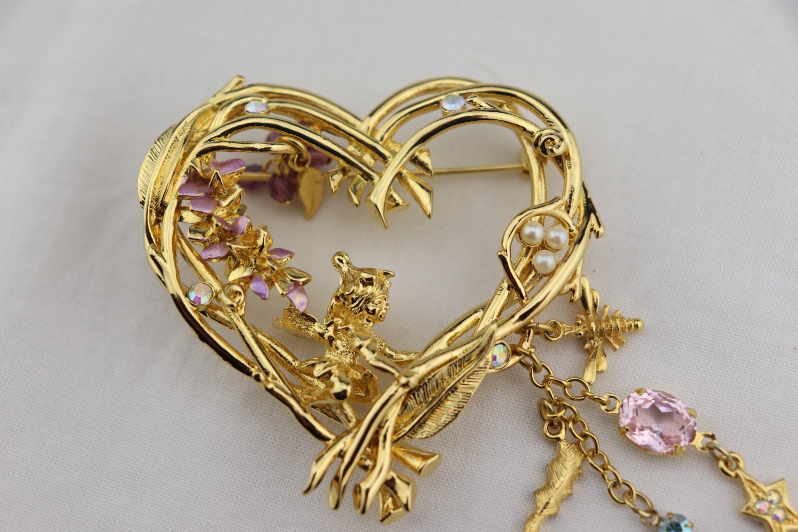 Vintage Kirks Folly Gold Tone Wisteria Heart Wood Fairy Rhinestone Pin Brooch