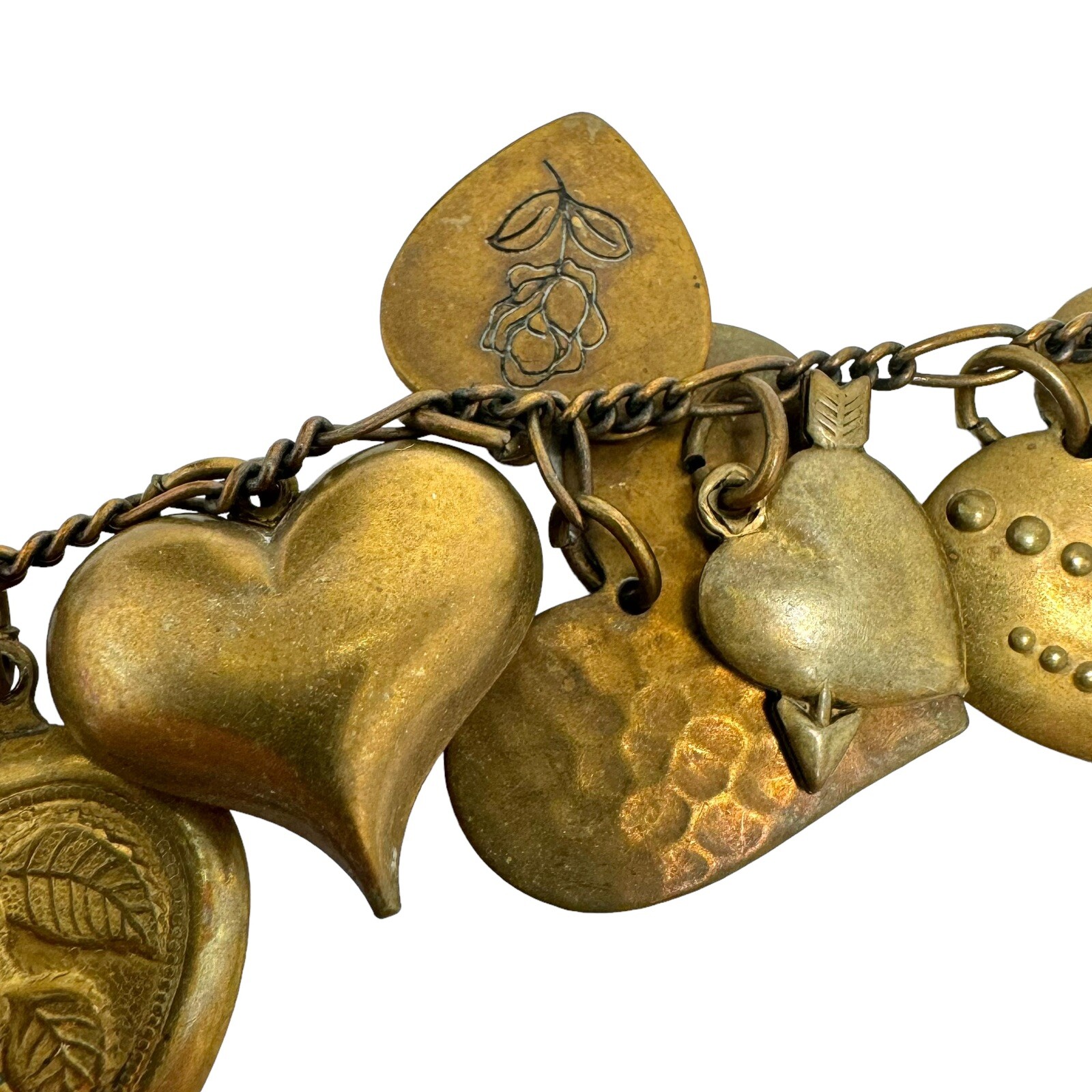 Victorian Style Bronze Color Embossed Fancy Hearts Cherub Charm Bracelet