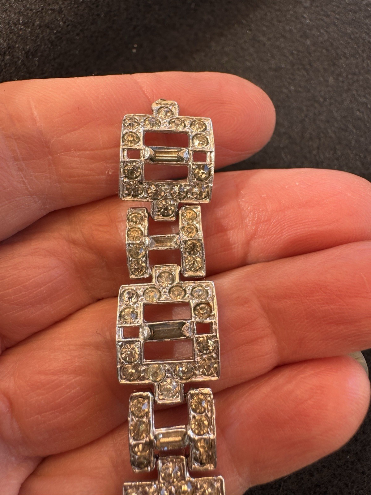 VTG ART DECO Style Rhodium Plated Baguette Rhinestone Link Bracelet 7.5″L BLING!