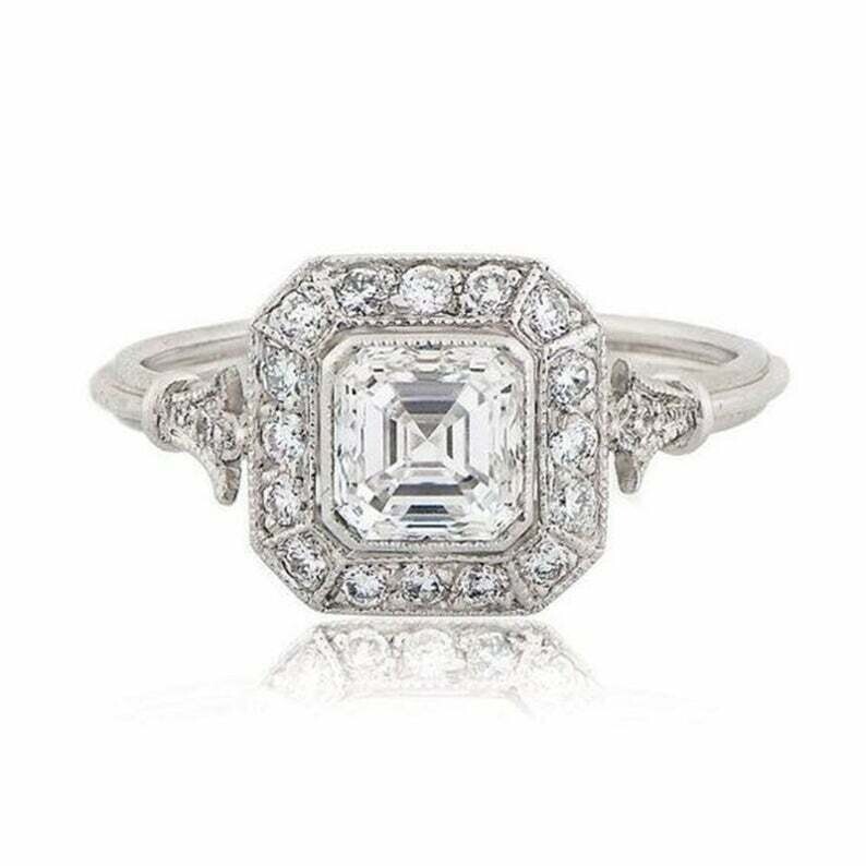 Vintage Art Deco Style Lab Created Diamond Edwardian Engagement 925 Silver Ring