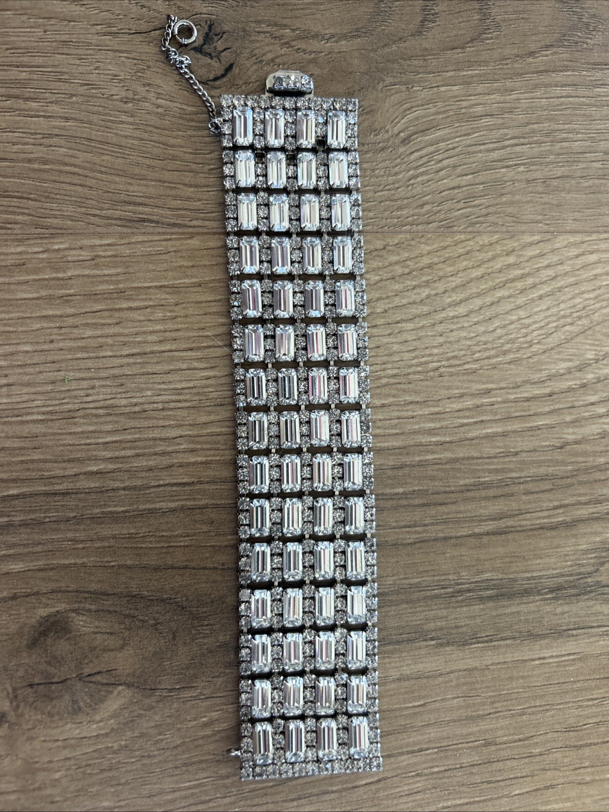 Vtg Wide Rhinestone Bracelet Multiple Rows Baguette & Round Cut Stones