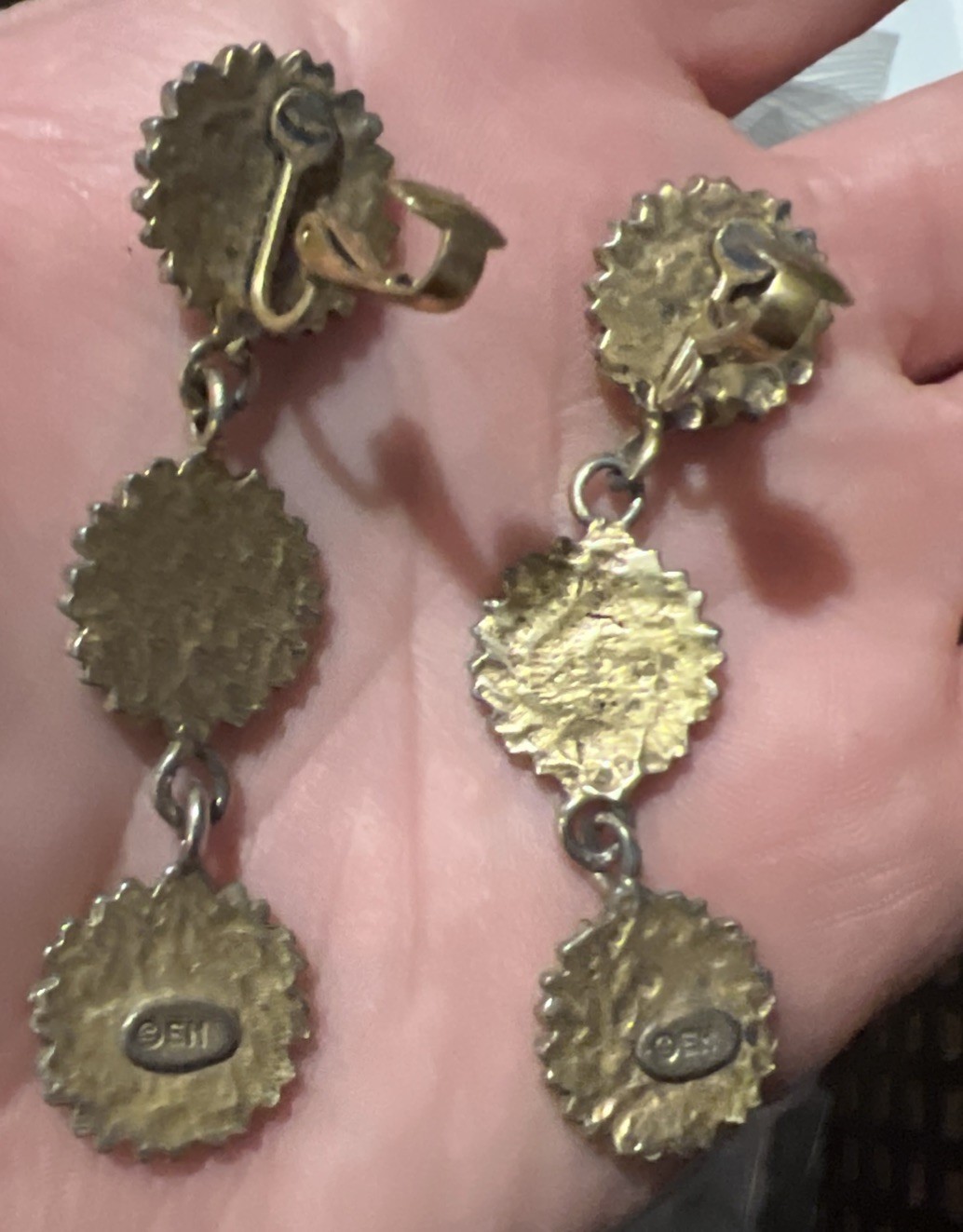 Vintage Signed EH Eivind Hillestad sunflower / daisy Clip-On Dangle Earrings
