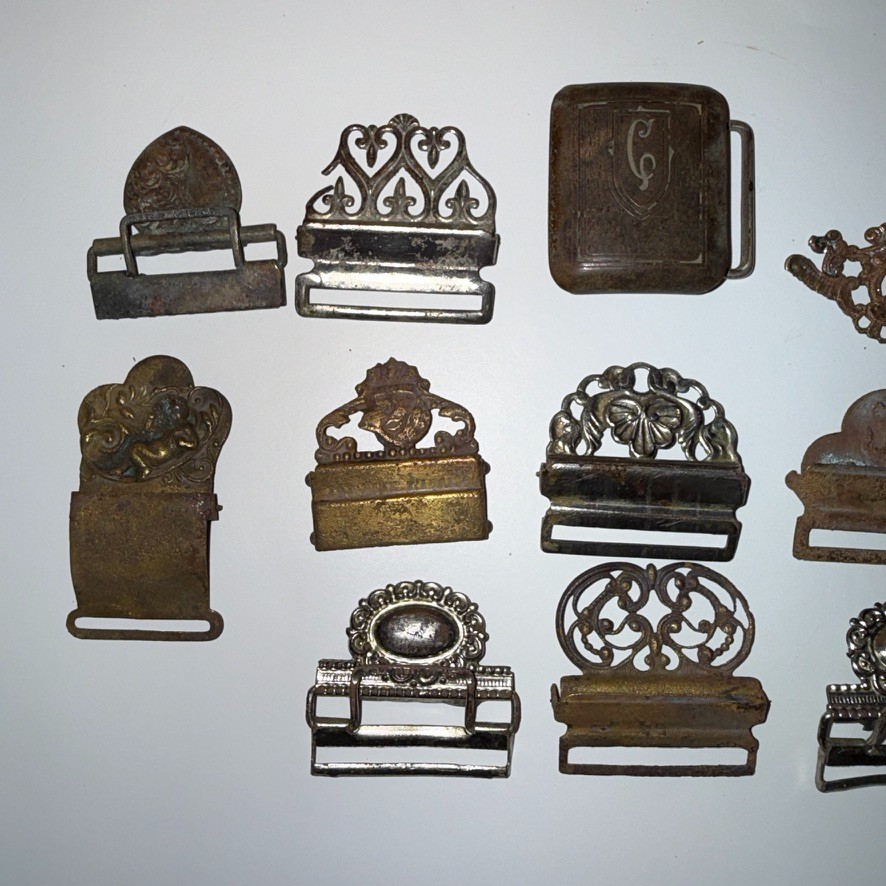 19pc Antique Victorian Gents Suspender Buckle Lot Brass Nickel Filigree 1892 Pat