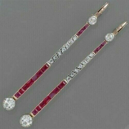 1.95Ct Art Deco Style Diamond & Ruby Engagement Wedding 14k Gold Finish Earrings