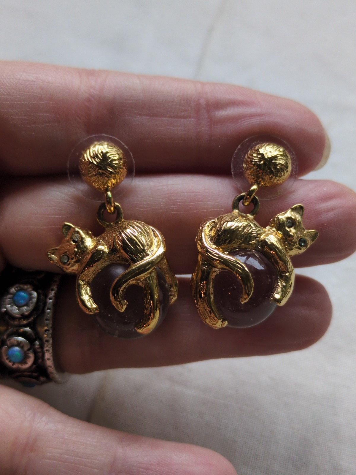 Vintage Cat Pool Of Light Gold Plate Earrings, Crystal Eyes