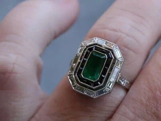 4Ct Vintage Art Deco Style Lab Created Emerald Engagement 14K White Gold FN Ring