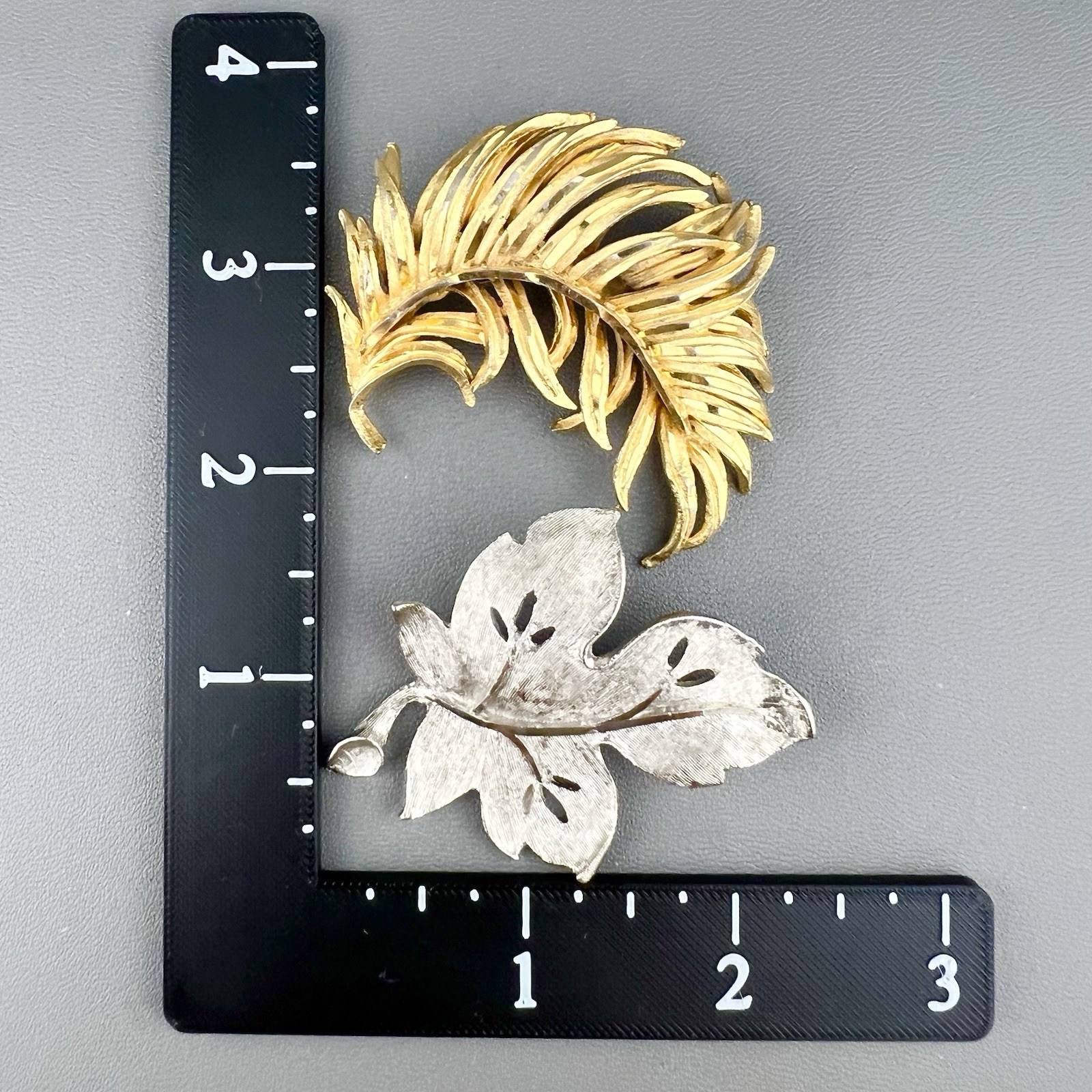 Vintage BSK Brooch Lot Leaf Feather Seaweed Faux Pearl Brushed Gold Tone Signed
