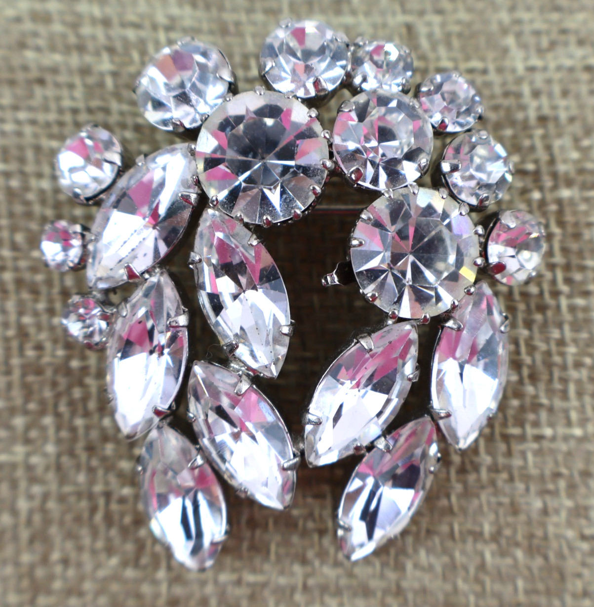 vintage Austria clear rhinestone brooch pin silver tone faceted crystals prongs