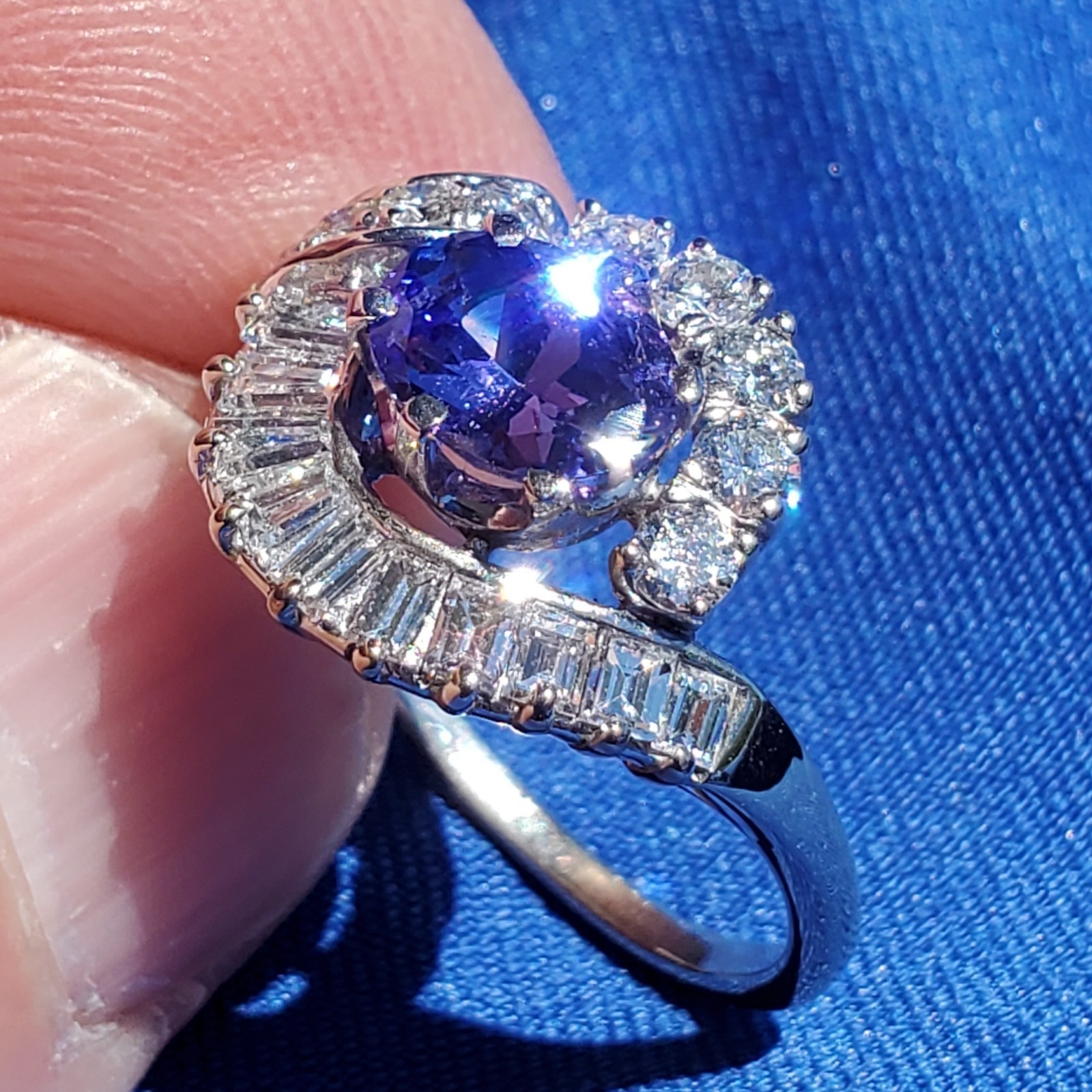 Original EARTH MINED TANZANITE DIAMOND DECO Engagement Ring Solitaire 14K GOLD 7